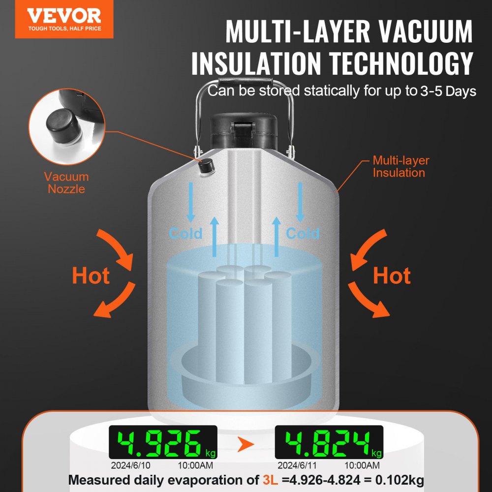 VEVOR Liquid Nitrogen Tank, 3 L Aluminum Alloy Liquid Nitrogen Container, LN2 Tank Dewar with 6 Canisters and Carry Bag