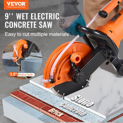 VEVOR Electric Concrete Saw, 9 in, 1800 W Motor Circular Saw Cutter with 3.5 in Cutting Depth, Wet/Dry Disk Saw Cutter