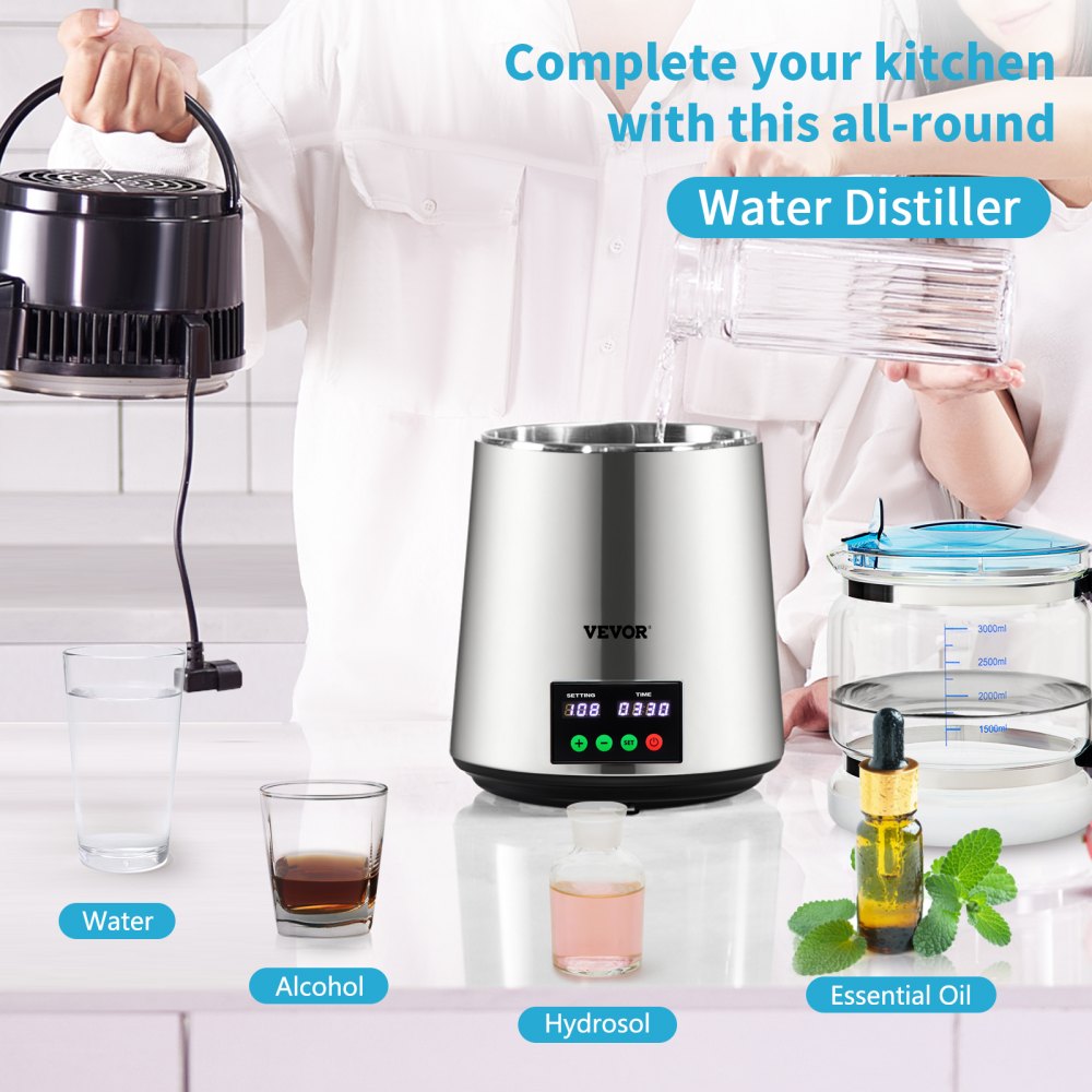 VEVOR 1.1 Gal Water Distiller, 0.3 Gal/H, 750W Distilled Water Maker Machine 0-99H Timing Set Temp Display, 304