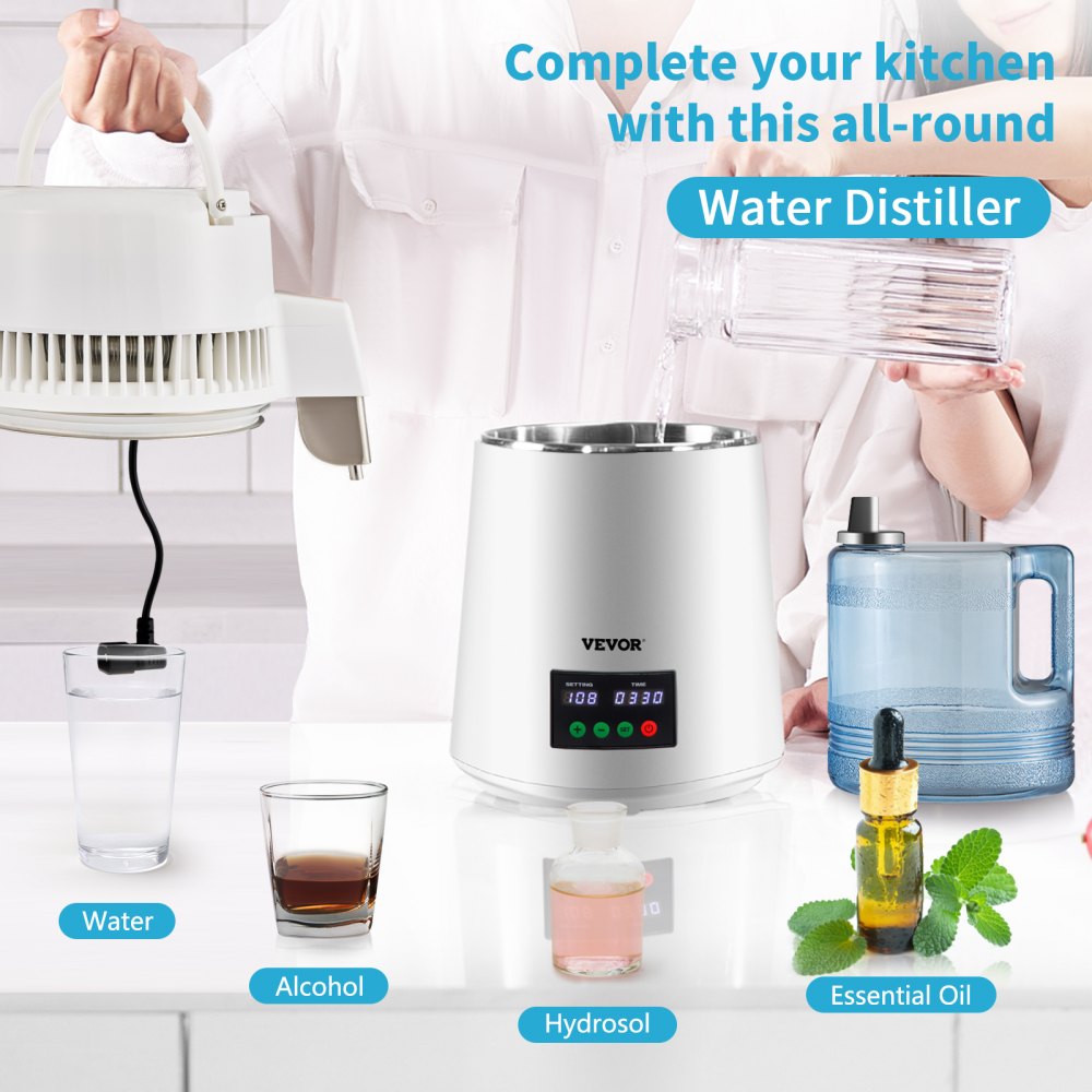 VEVOR 1.1Gal Water Distiller, 0.3Gal/H, 750W Distilled Water Maker Machine 0-99H Timing Set Temp Display, 304 Stainless