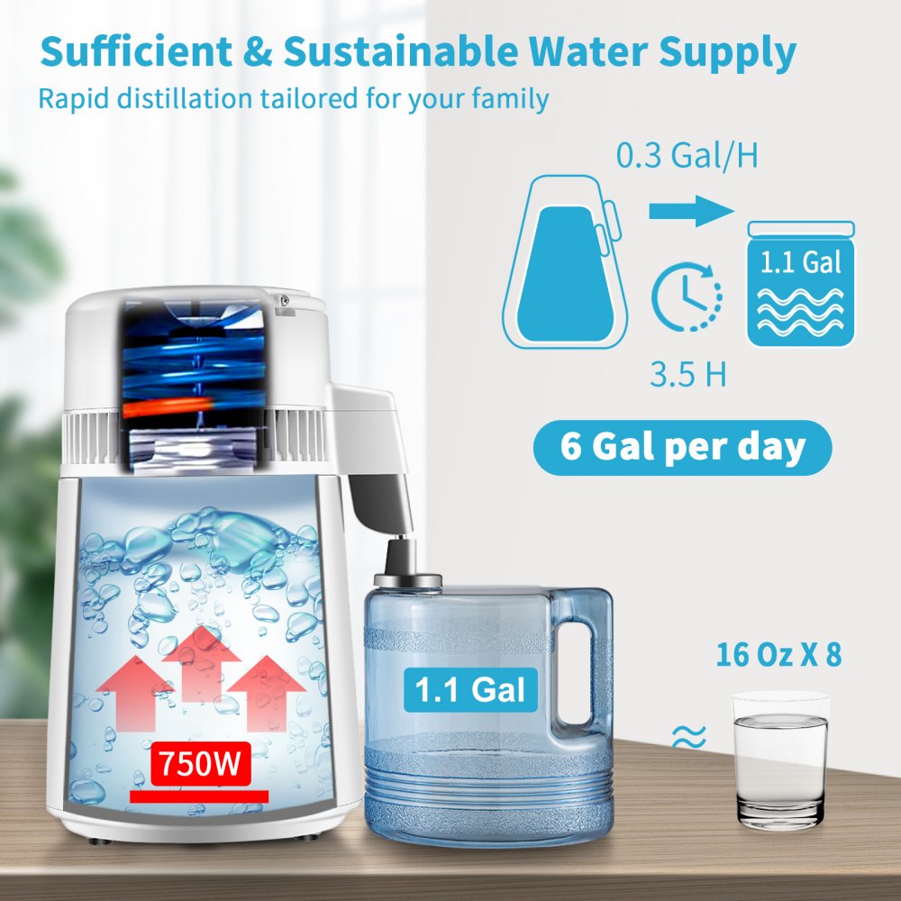 VEVOR 1.1Gal Water Distiller, 0.3Gal/H, 750W Distilled Water Maker Machine 0-99H Timing Set Temp Display, 304 Stainless