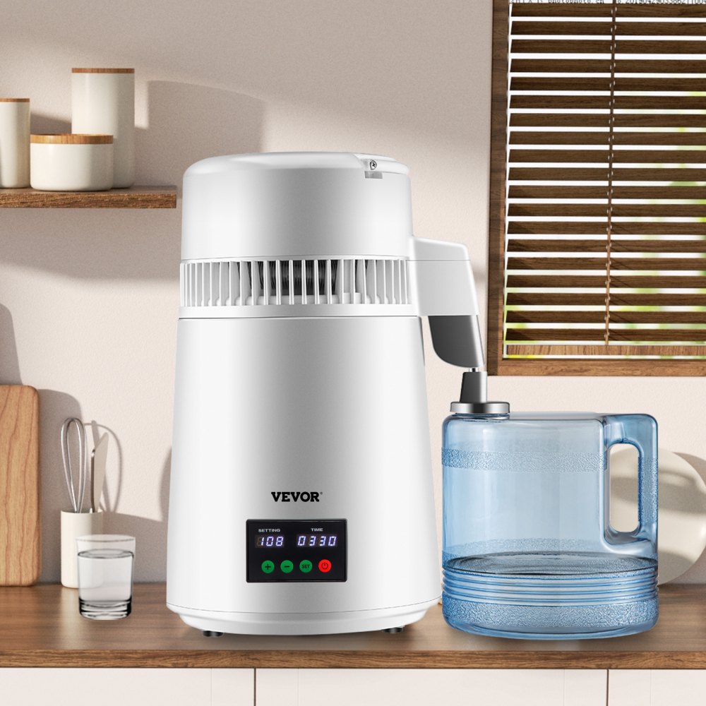 VEVOR 1.1Gal Water Distiller, 0.3Gal/H, 750W Distilled Water Maker Machine 0-99H Timing Set Temp Display, 304 Stainless
