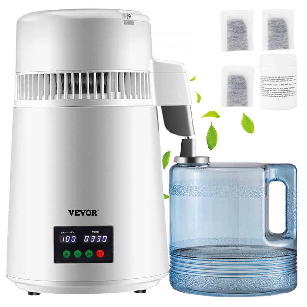 VEVOR 1.1Gal Water Distiller, 0.3Gal/H, 750W Distilled Water Maker Machine 0-99H Timing Set Temp Display, 304 Stainless