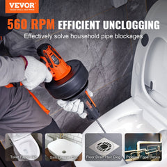 VEVOR 12V Electric Drain Auger, 25FT Cordless Plumbing Snake Auto Feed, Pipeline Snake Drain Clog Remover with Power