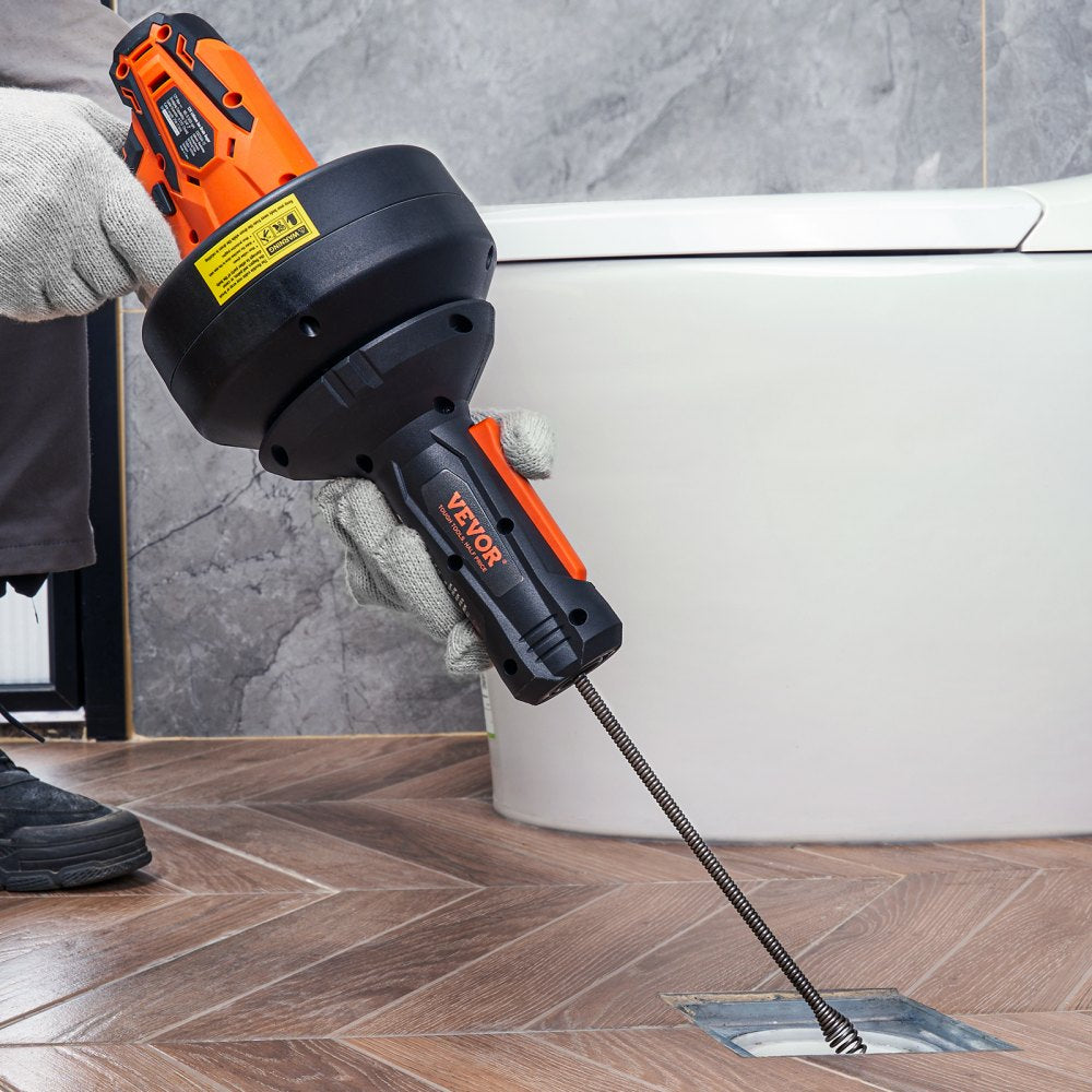VEVOR 12V Electric Drain Auger, 25FT Cordless Plumbing Snake Auto Feed, Pipeline Snake Drain Clog Remover with Power
