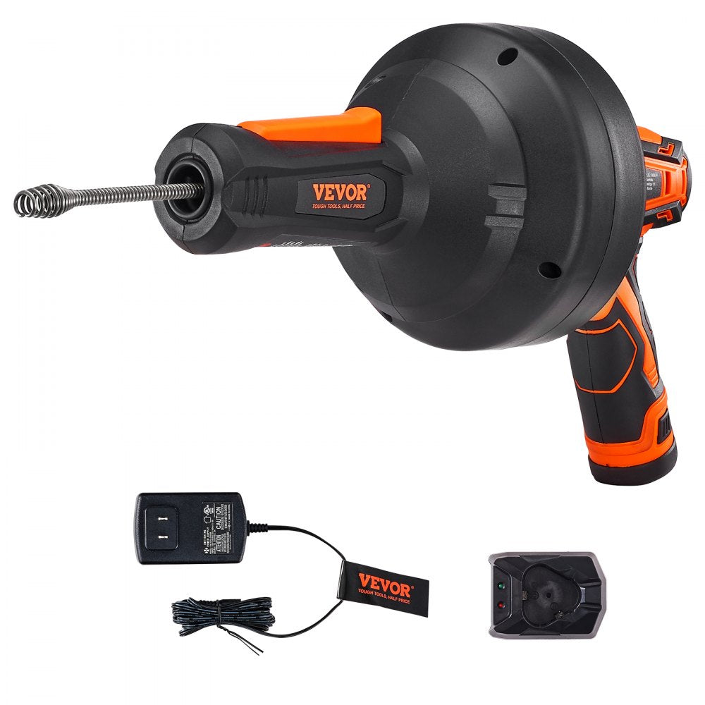 VEVOR 12V Electric Drain Auger, 25FT Cordless Plumbing Snake Auto Feed, Pipeline Snake Drain Clog Remover with Power
