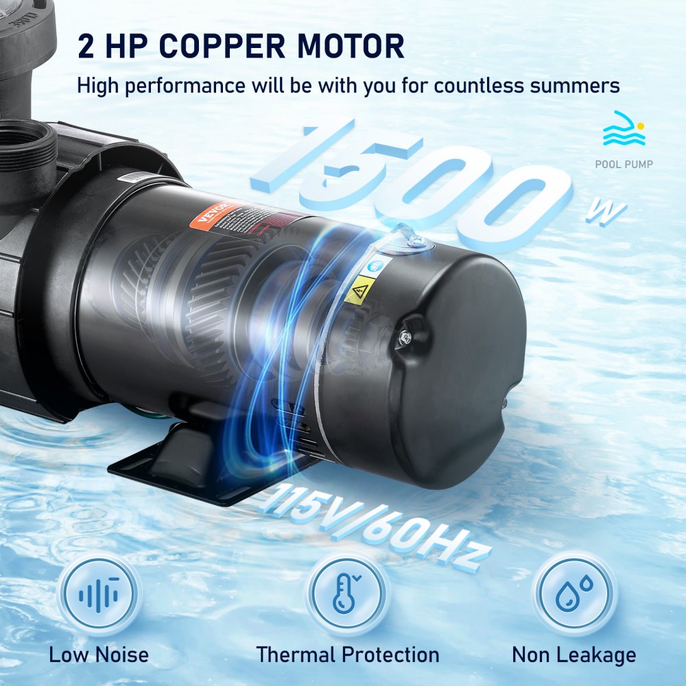 VEVOR Swimming Pool Pump 2.0HP 115V 1500W, Single Speed Pumps for Above Ground Pool, Powerful Pool Pumps with Strainer