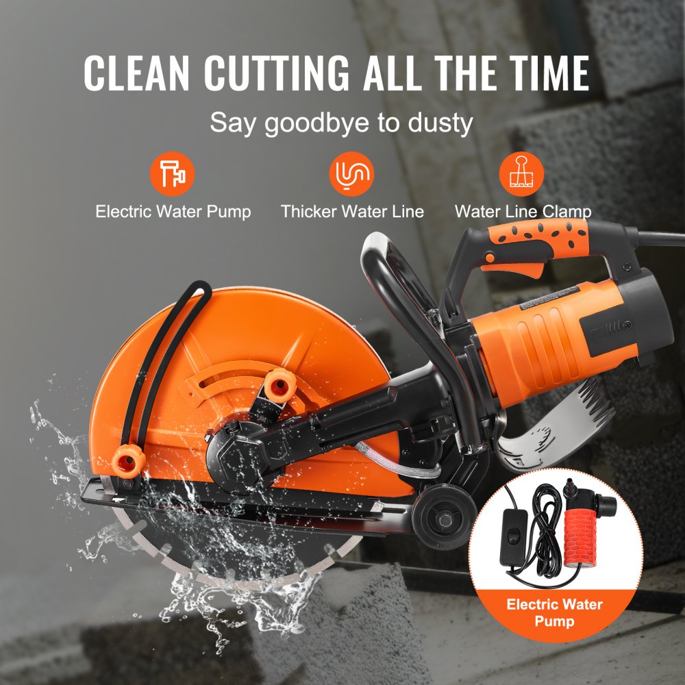 VEVOR Electric Concrete Saw, 14 in, 3200 W Motor Circular Saw Cutter with Max. 5 in Adjustable Cutting Depth, Wet Disk