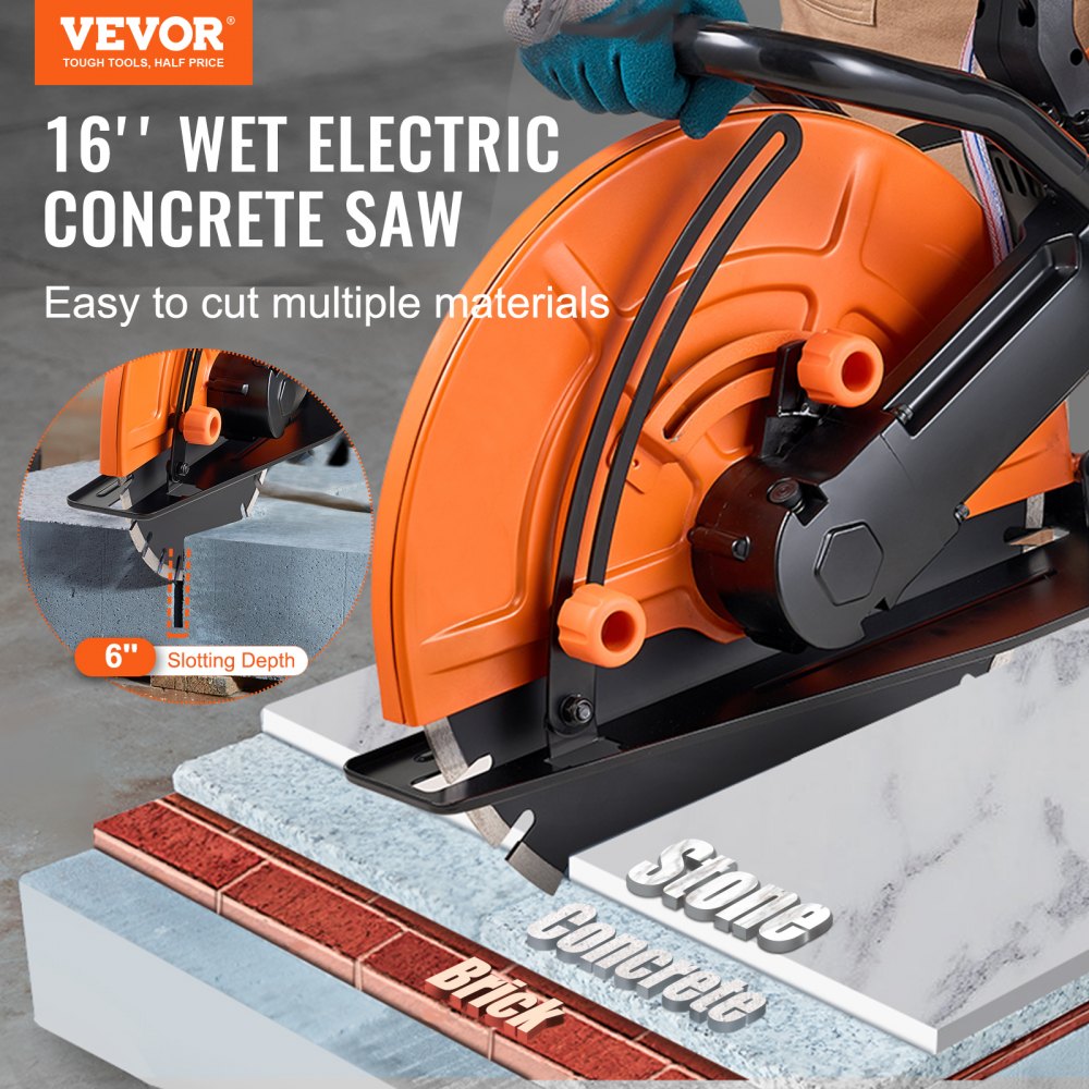 VEVOR Electric Concrete Saw, 16 in, 3200 W Motor Circular Saw Cutter with Max. 6 in Adjustable Cutting Depth, Wet Disk