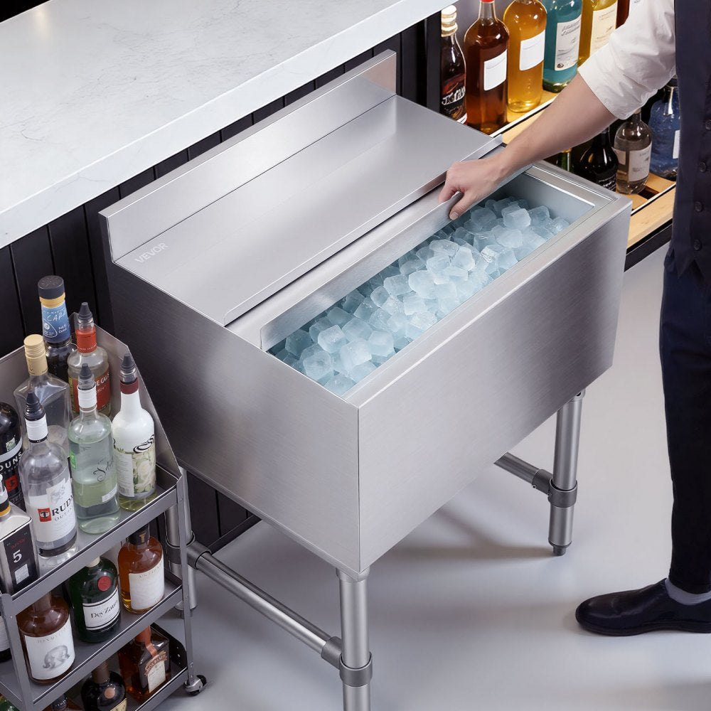 VEVOR Commercial Ice Bin, 65.1 Qt Max Capacity, 24 x 19 x 33 Inch Stainless Steel Ice Chest with Sliding Lid and Bottle