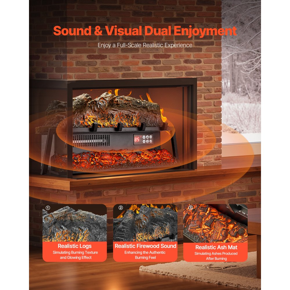 VEVOR Electric Fireplace Log, 25 inch Fireplace Insert Log Heater, with Crackling Sound,Remote Controller, 5 Adjustable