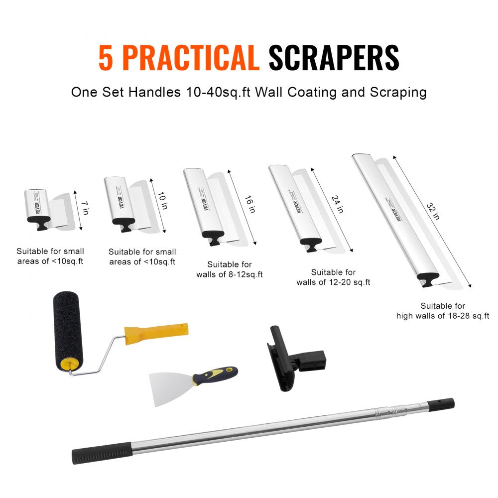 VEVOR Drywall Skimming Blade Set, 7/10/14/16/24 in Skimming Blades + 34 - 81.6 in Extension Handle Pole, Stainless