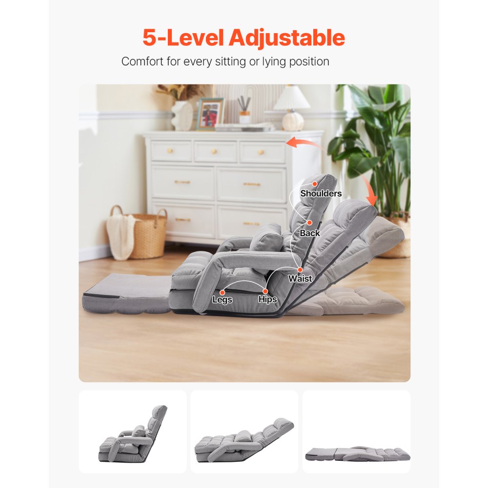 VEVOR Floor Chair, Floor Gaming Chair with 5 Adjustable Position and Back Support, Folding Sofa Chair with Armrest for