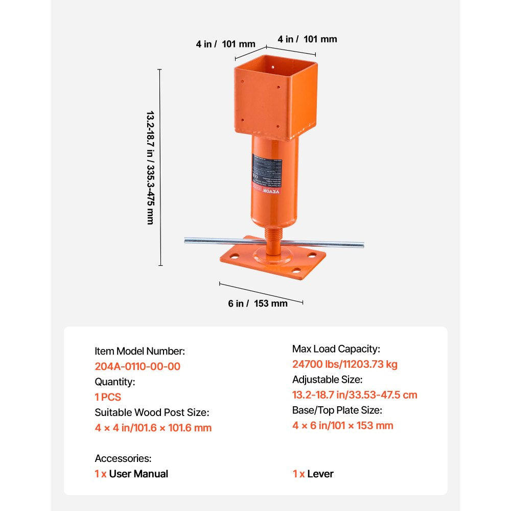 VEVOR Screw Jack Post, 4" x 4", 13.2"-18.7" Height Range, 24700 lbs Max Load Capacity, Adjustable Shore Jack, Temporary