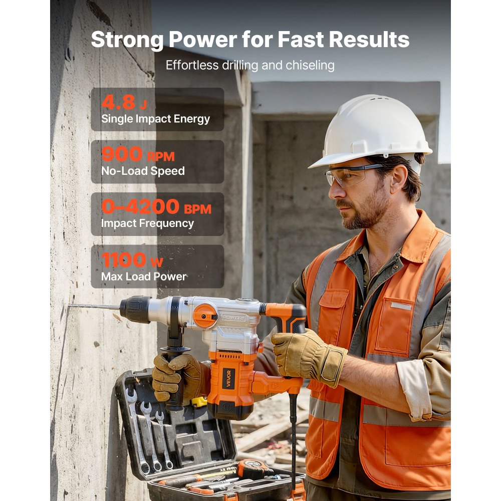 VEVOR Rotary Hammer Drill, 1-1/8 in SDS-Plus Electric Corded Heavy Duty Rotary Hammer, Including 3 Drill Bits, Flat