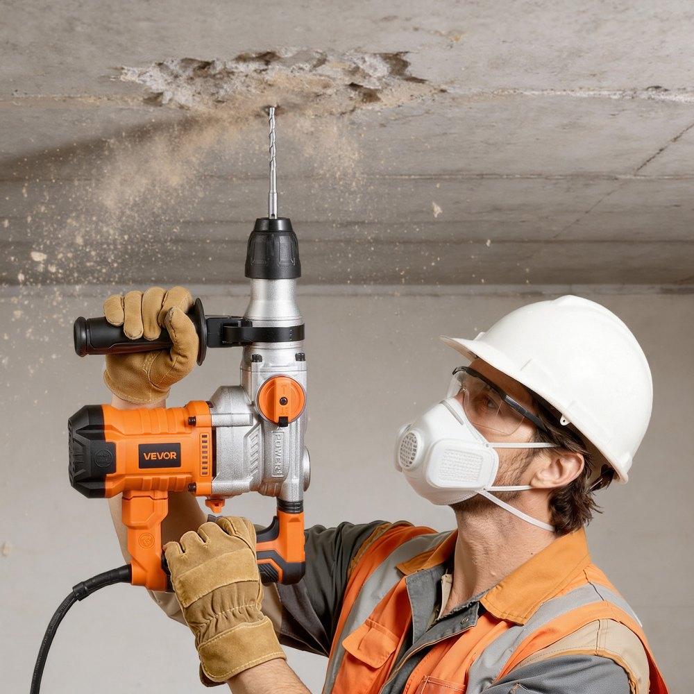 VEVOR Rotary Hammer Drill, 1-1/8 in SDS-Plus Electric Corded Heavy Duty Rotary Hammer, Including 3 Drill Bits, Flat