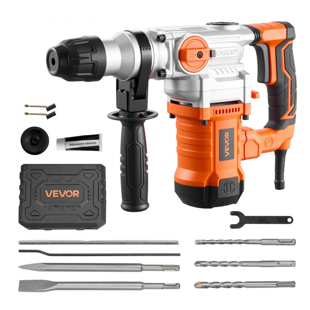 VEVOR Rotary Hammer Drill, 1-1/8 in SDS-Plus Electric Corded Heavy Duty Rotary Hammer, Including 3 Drill Bits, Flat