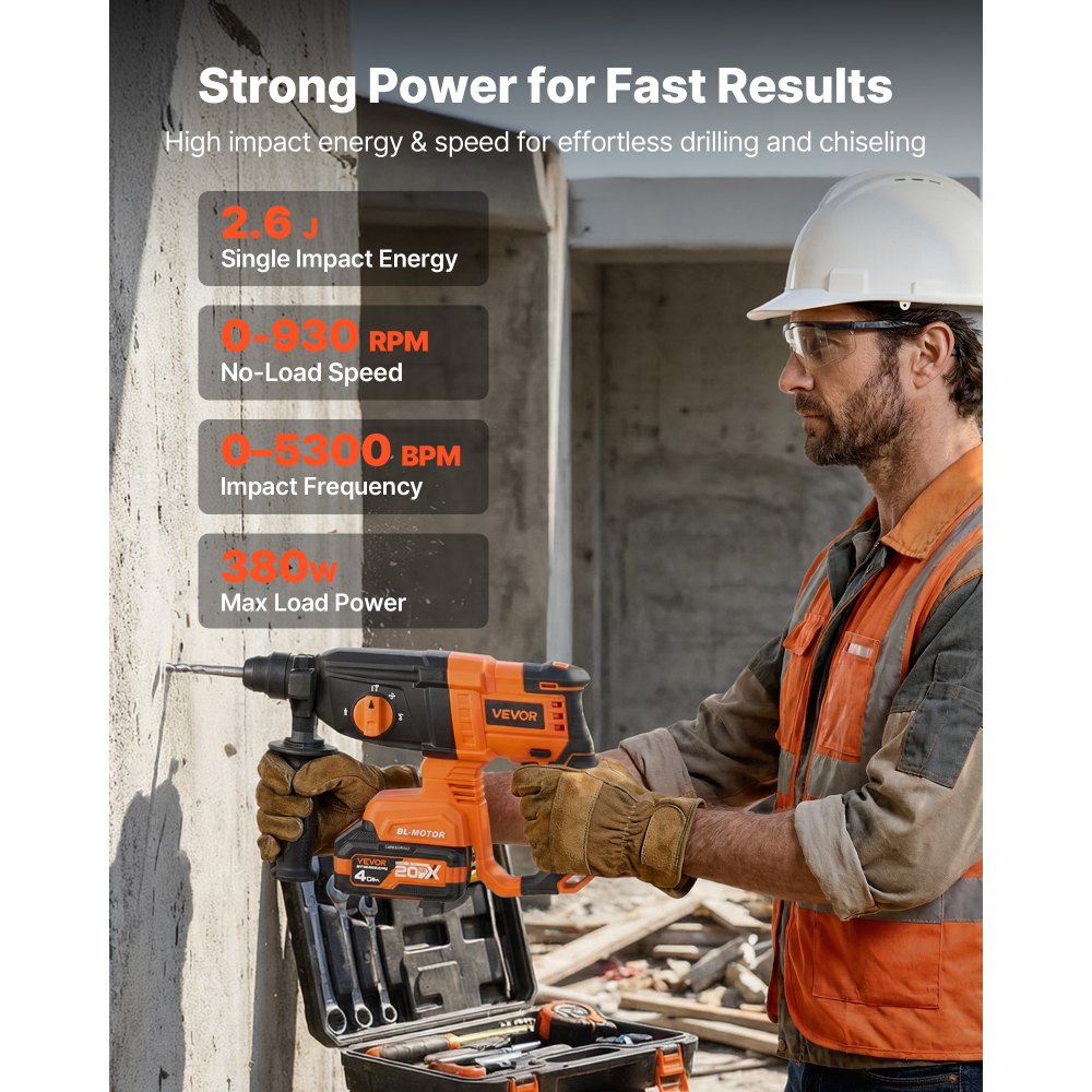 VEVOR Rotary Hammer Drill, 7/8 in SDS-Plus Cordless, 20V Battery Powered Rotary Hammer, Brushless, Including Battery