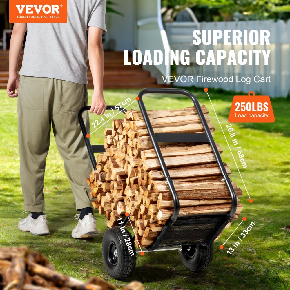 VEVOR Firewood Log Cart, 250 lbs Capacity, Outdoor and Indoor Wood Rack Storage Mover with PU Wheels & Waterproof