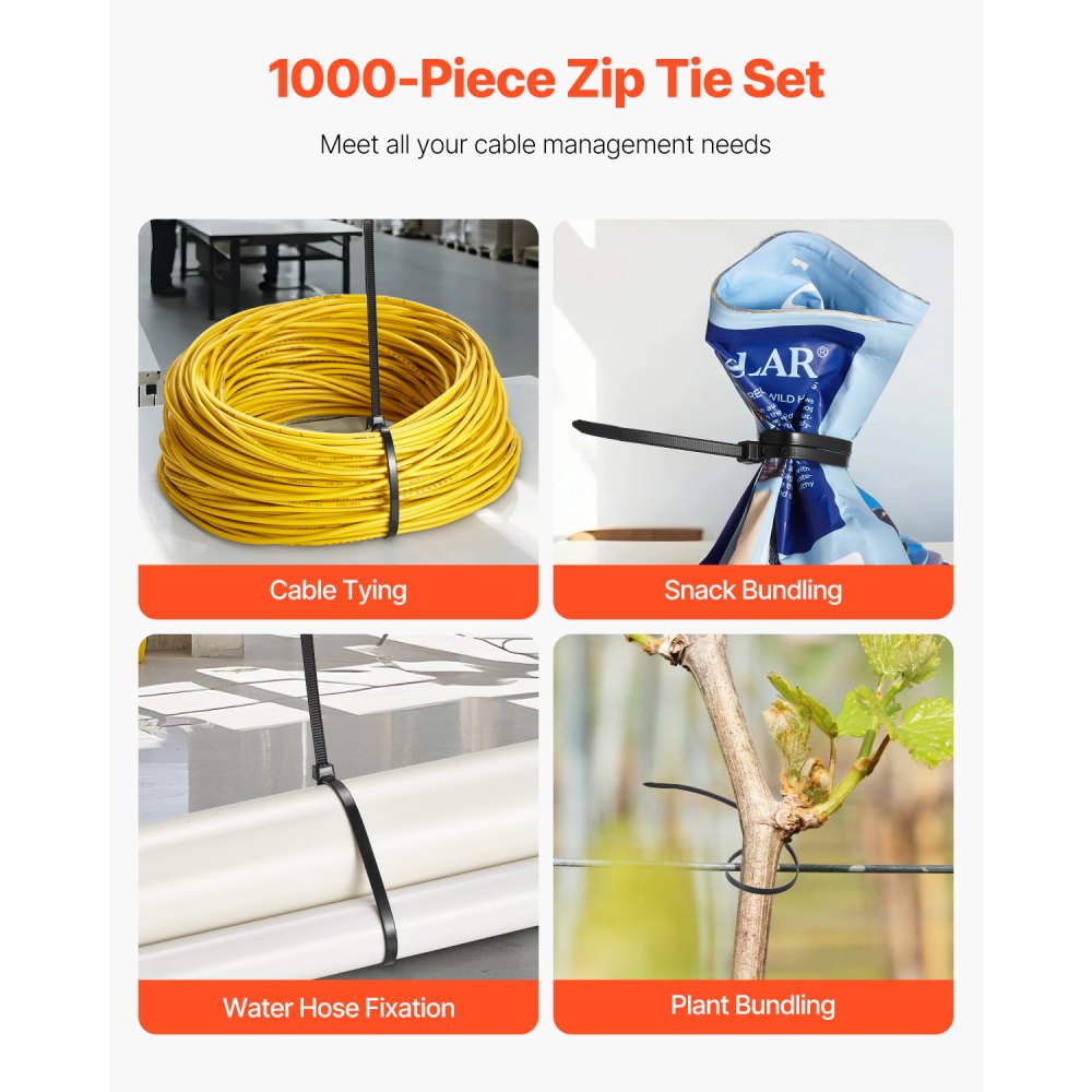 VEVOR 1000 Pack Cable Zip Ties, 12-inch Heavy Duty Cable Wire Ties with 50LBS High Tensile Strength, Multi-Purpose
