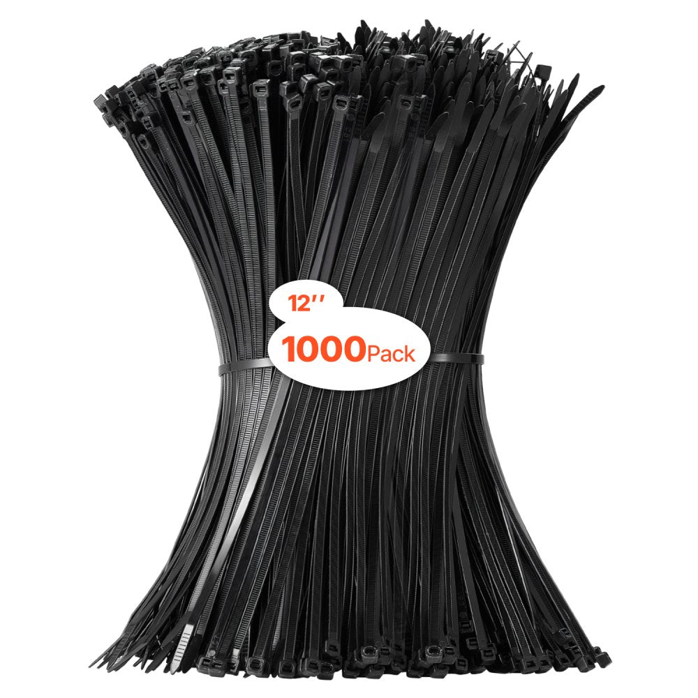 VEVOR 1000 Pack Cable Zip Ties, 12-inch Heavy Duty Cable Wire Ties with 50LBS High Tensile Strength, Multi-Purpose