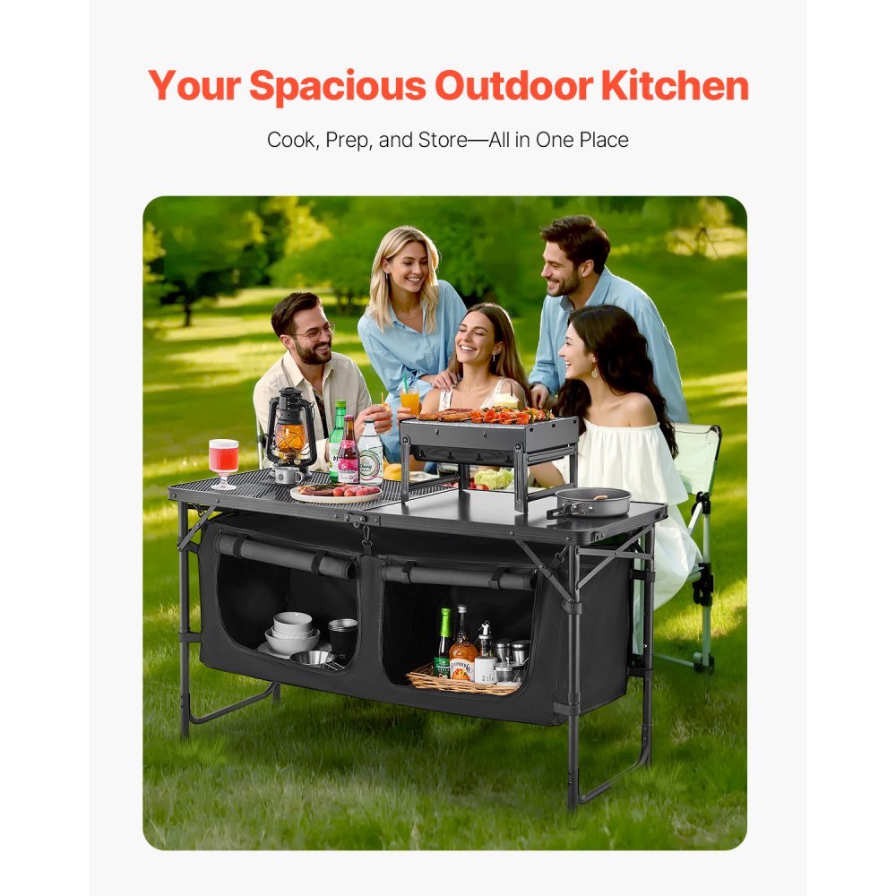 VEVOR Camping Kitchen Table, Folding Outdoor Cooking Table, 3 Adjustable Heights, Aluminum Lightweight Portable Cook