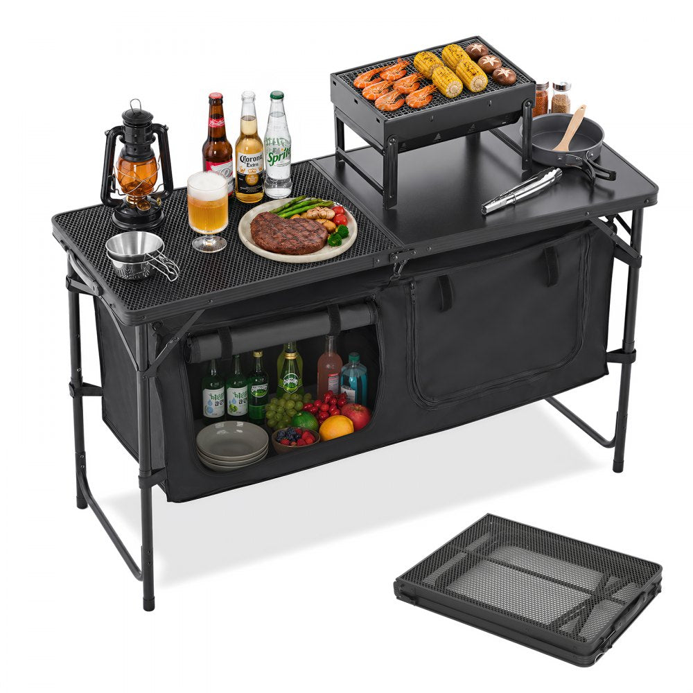 VEVOR Camping Kitchen Table, Folding Outdoor Cooking Table, 3 Adjustable Heights, Aluminum Lightweight Portable Cook