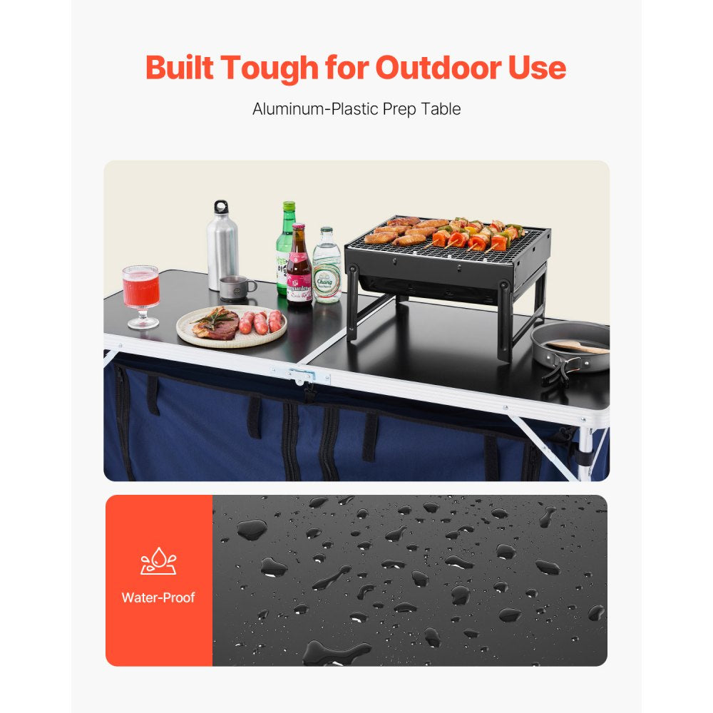 VEVOR Camping Kitchen Table, Folding Outdoor Cooking Table, 3 Adjustable Height, Aluminum Lightweight Portable Cook