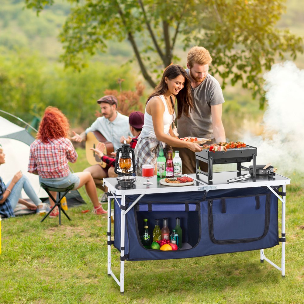 VEVOR Camping Kitchen Table, Folding Outdoor Cooking Table, 3 Adjustable Height, Aluminum Lightweight Portable Cook