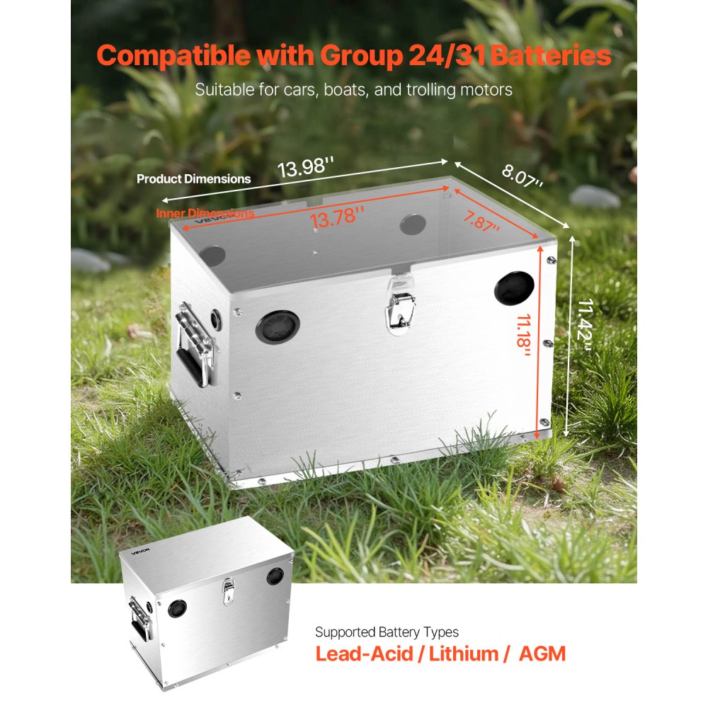 VEVOR Battery Box, Group 24/31 Trolling Motor Battery Box, Marine Batteries Case with Lock, Handles and Rubber-Grommet