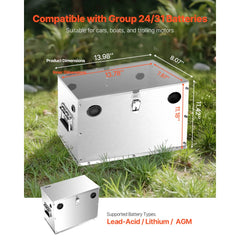 VEVOR Battery Box, Group 24/31 Trolling Motor Battery Box, Marine Batteries Case with Lock, Handles and Rubber-Grommet