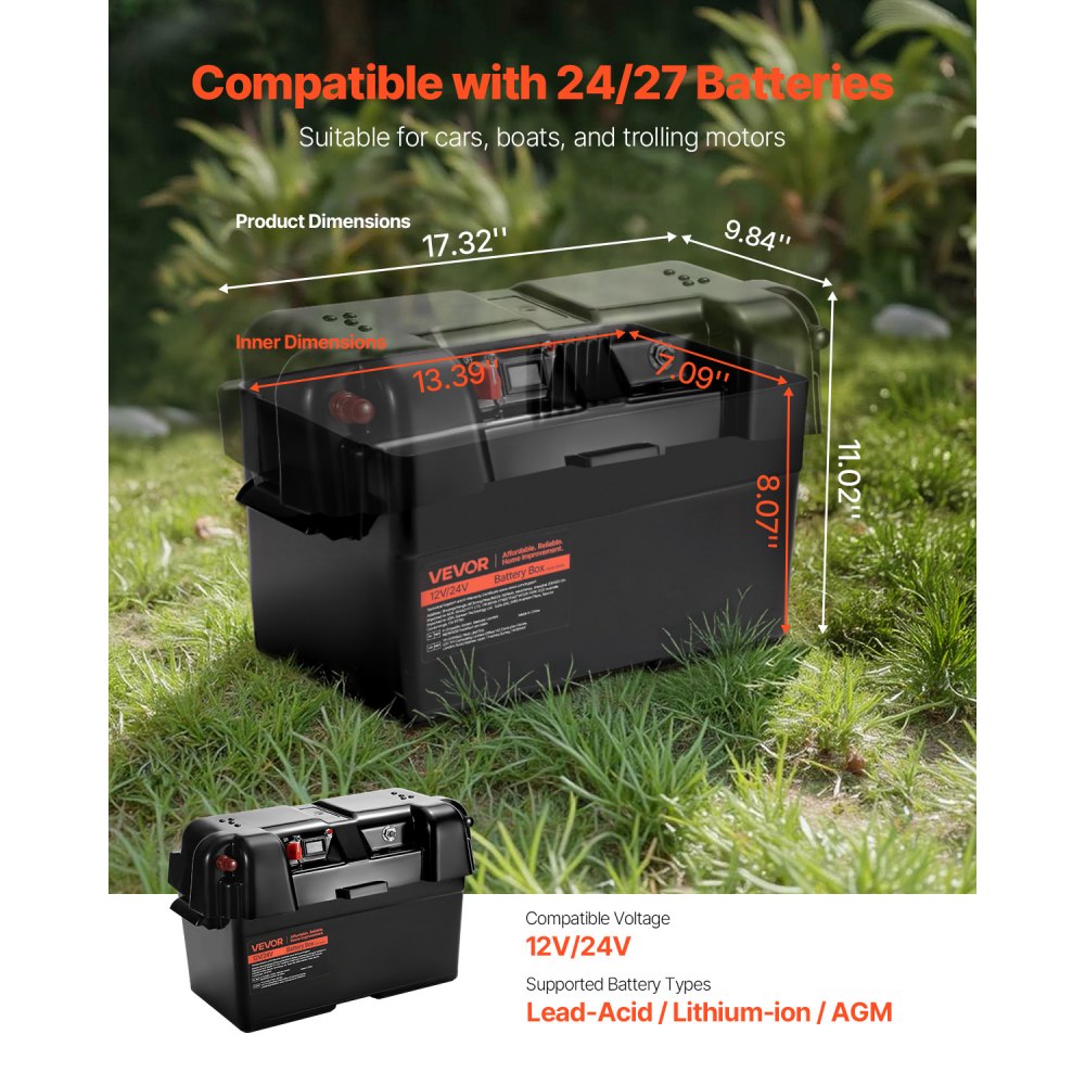 VEVOR Battery Box, Group 24/27 Trolling Motor Battery Box, 12V/24V Marine Batteries Case with PP Shell and Dual Straps