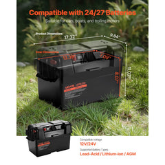 VEVOR Battery Box, Group 24/27 Trolling Motor Battery Box, 12V/24V Marine Batteries Case with PP Shell and Dual Straps