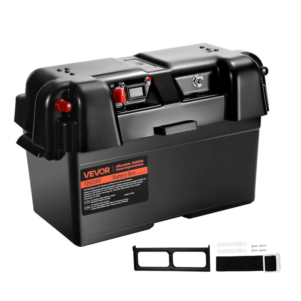 VEVOR Battery Box, Group 24/27 Trolling Motor Battery Box, 12V/24V Marine Batteries Case with PP Shell and Dual Straps