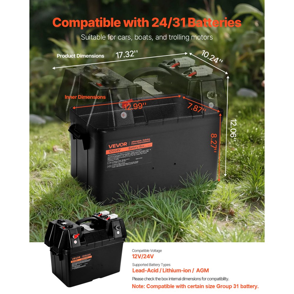 VEVOR Battery Box, Group 24/31 Trolling Motor Battery Box, 12V/24V Marine Batteries Case with PP Shell and Dual Straps