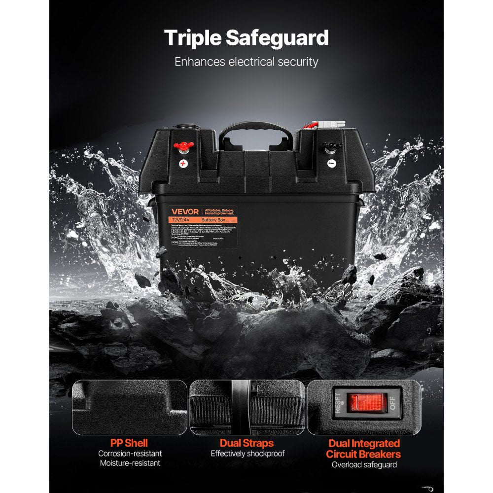VEVOR Battery Box, Group 24/31 Trolling Motor Battery Box, 12V/24V Marine Batteries Case with PP Shell and Dual Straps