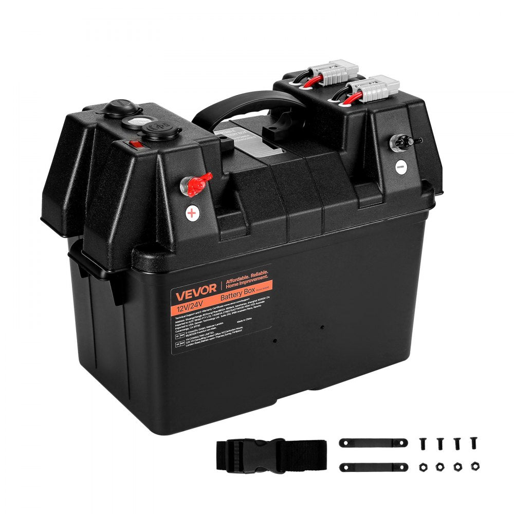 VEVOR Battery Box, Group 24/31 Trolling Motor Battery Box, 12V/24V Marine Batteries Case with PP Shell and Dual Straps