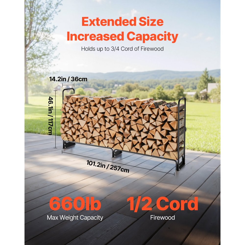 VEVOR Firewood Rack with Waterproof Cover, 101 x 14 x 46 in Outdoor Firewood Holder, 660lb Weight Capacity, 1/2 Cord