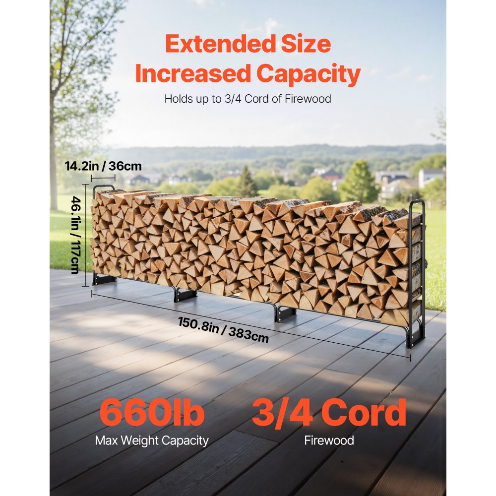 VEVOR Firewood Rack with Waterproof Cover, 150 x 14 x 46 in Outdoor Firewood Holder, 660lb Weight Capacity, 1/2 Cord
