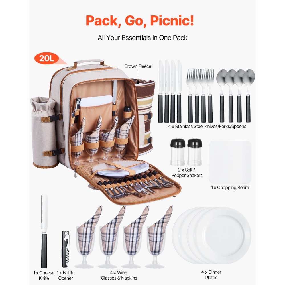 VEVOR Picnic Backpack, Beach Picnic Backpack Bag for 4 Person with Insulated Cooler Compartment, Detachable Bottle/Wine
