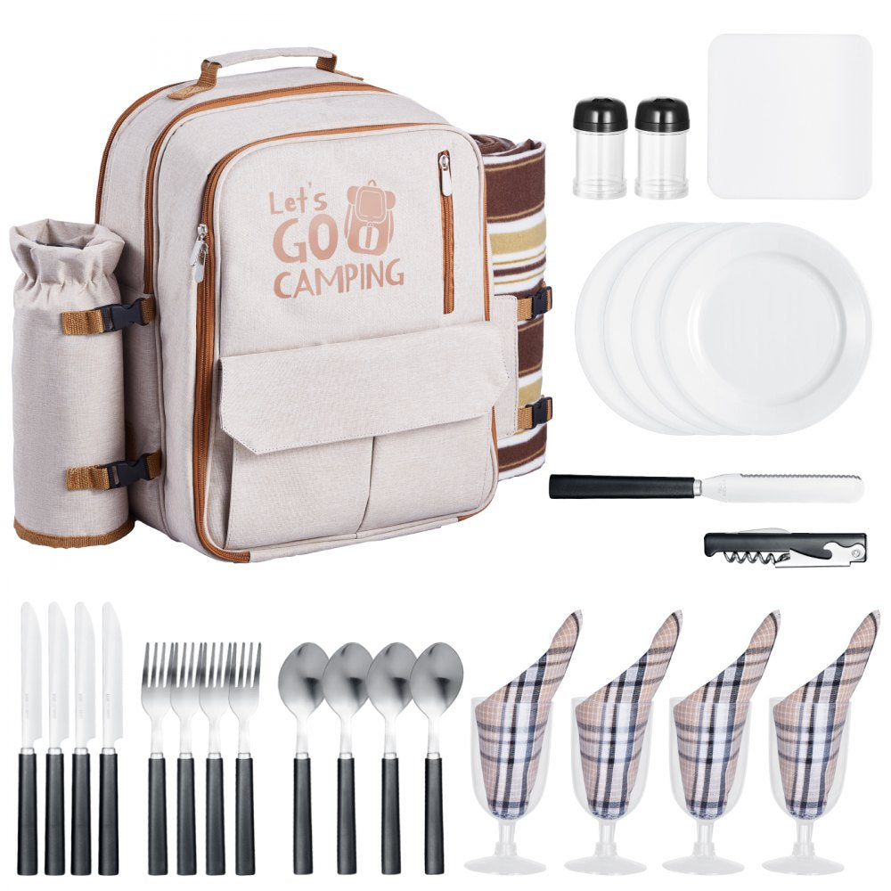 VEVOR Picnic Backpack, Beach Picnic Backpack Bag for 4 Person with Insulated Cooler Compartment, Detachable Bottle/Wine