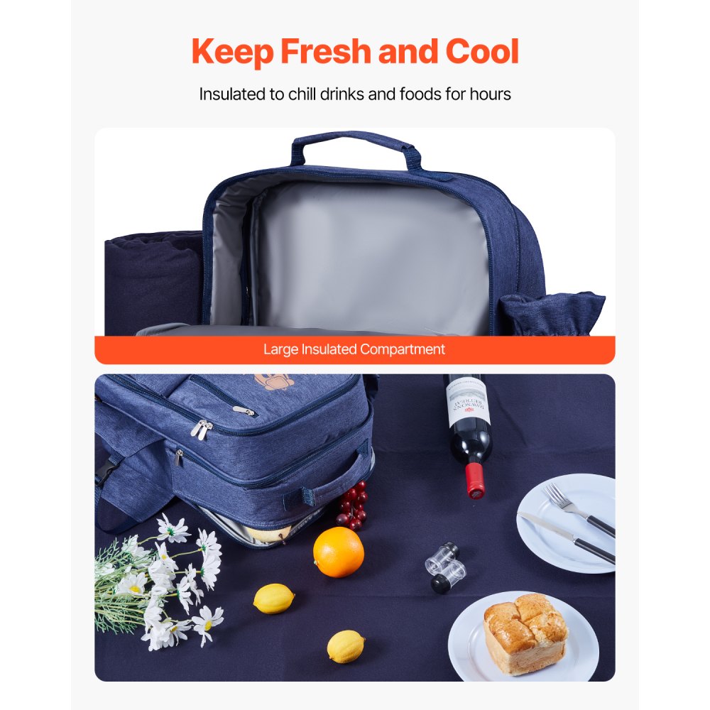 VEVOR Picnic Backpack, Beach Picnic Backpack Bag for 4 Person with Insulated Cooler Compartment, Detachable Bottle/Wine