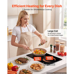 VEVOR Induction Cooktop 12in 2 Burners Built-in Electric Stove 110V 1800W, Low-Power Continuous Heating, Countertop