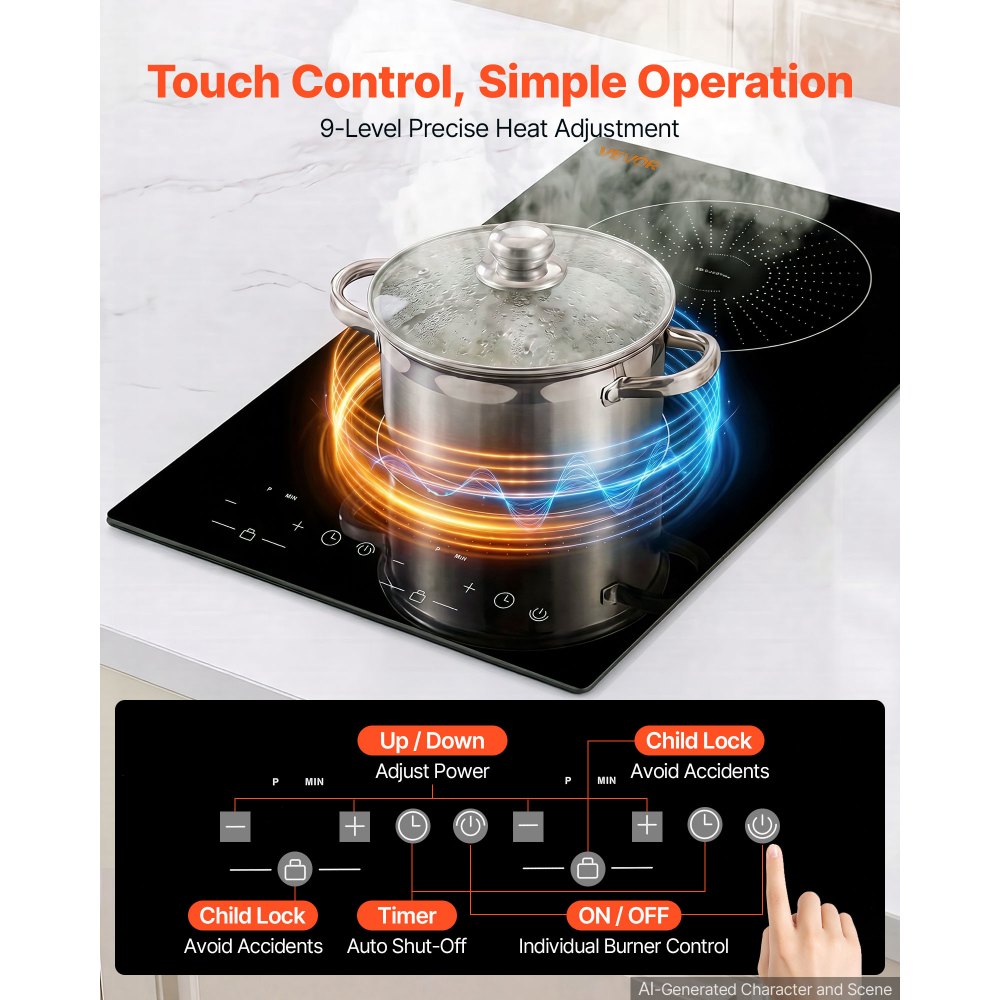 VEVOR Induction Cooktop 12in 2 Burners Built-in Electric Stove 110V 1800W, Low-Power Continuous Heating, Countertop