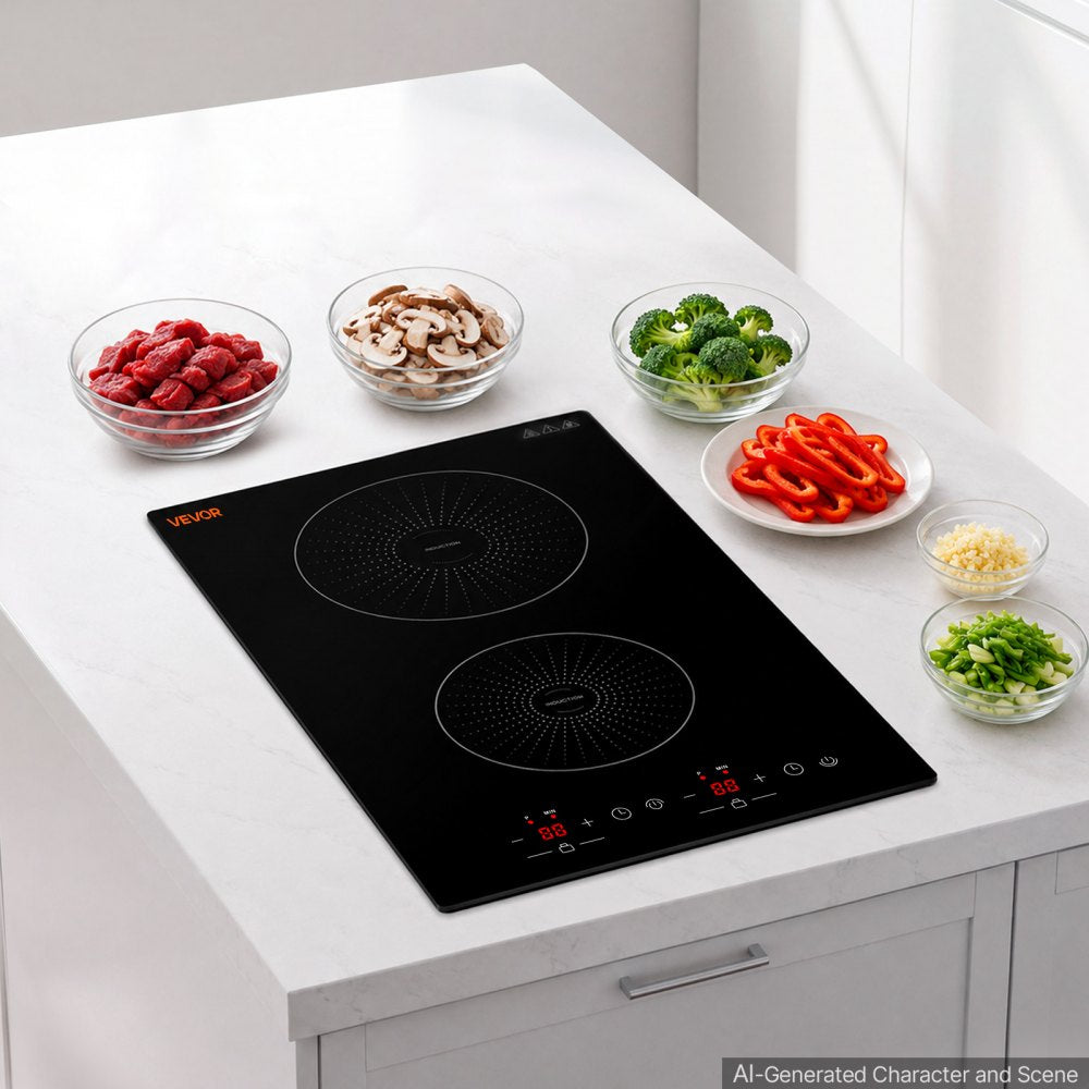 VEVOR Induction Cooktop 12in 2 Burners Built-in Electric Stove 110V 1800W, Low-Power Continuous Heating, Countertop