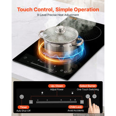 VEVOR Induction Cooktop 12in 2 Burners Built-in Electric Stove 110V 1800W, Low-Power Continuous Heating, Countertop