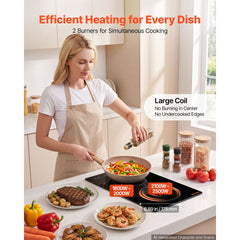 VEVOR Induction Cooktop 12in 2 Burners Built-in Electric Stove 220V 3500W, Low-Power Continuous Heating, Induction