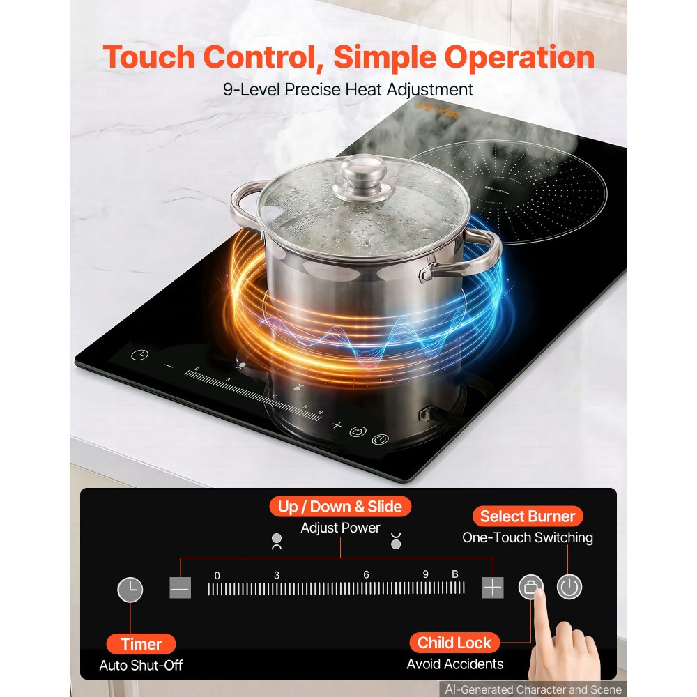 VEVOR Induction Cooktop 12in 2 Burners Built-in Electric Stove 220V 3500W, Low-Power Continuous Heating, Induction