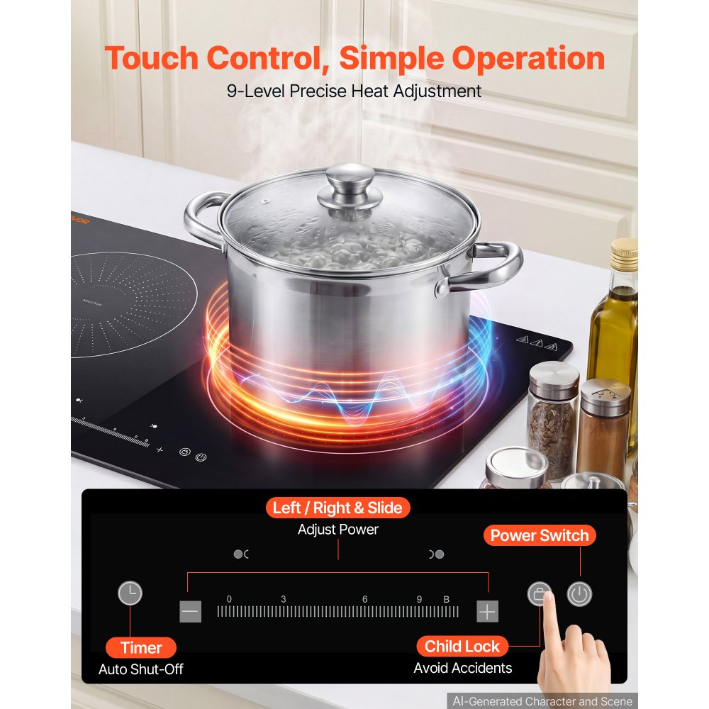 VEVOR Induction Cooktop 24inch 2 Burners Built-in Electric Stove 110V 1800W, Low-Power Continuous Heating, Induction