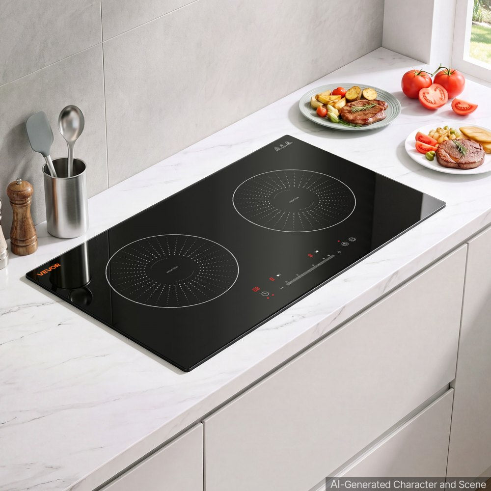 VEVOR Induction Cooktop 24inch 2 Burners Built-in Electric Stove 110V 1800W, Low-Power Continuous Heating, Induction